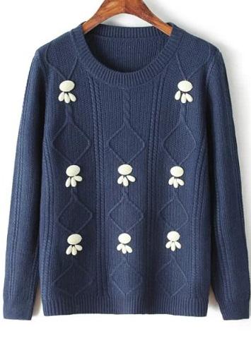 Romwe Bead Diamond Patterned Navy Sweater