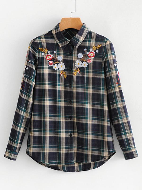 Romwe Flower Embroidery Curved Hem Plaid Blouse