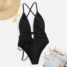 Romwe Plunging Neck Crisscross One Piece Swimsuit