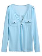 Romwe Blue Pocket Button Front Epaulet T-shirt