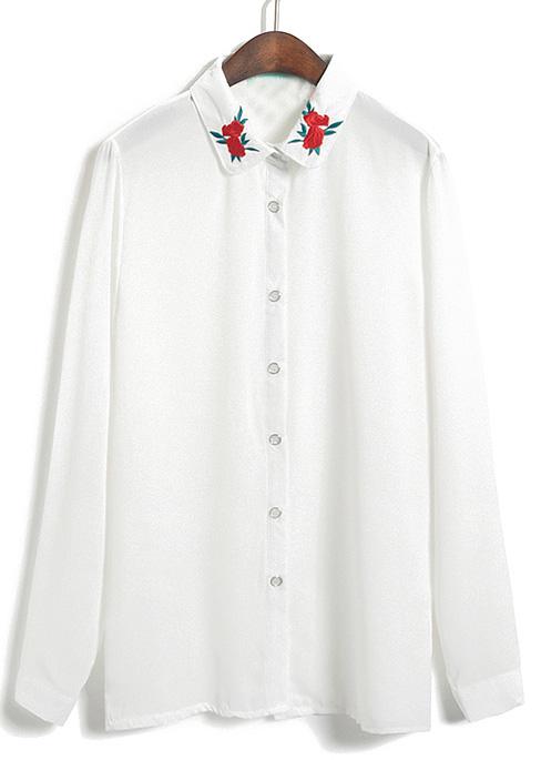 Romwe Embroidered Lapel Chiffon White Blouse