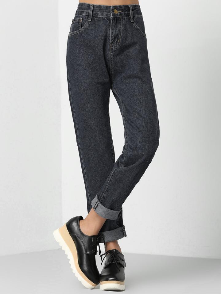 Romwe Roll Cuff Boyfriend Jeans