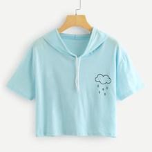 Romwe Rain Print Drawstring Crop Tee