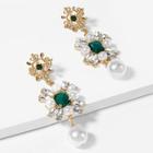 Romwe Faux Pearl & Gemstone Flower Drop Earrings