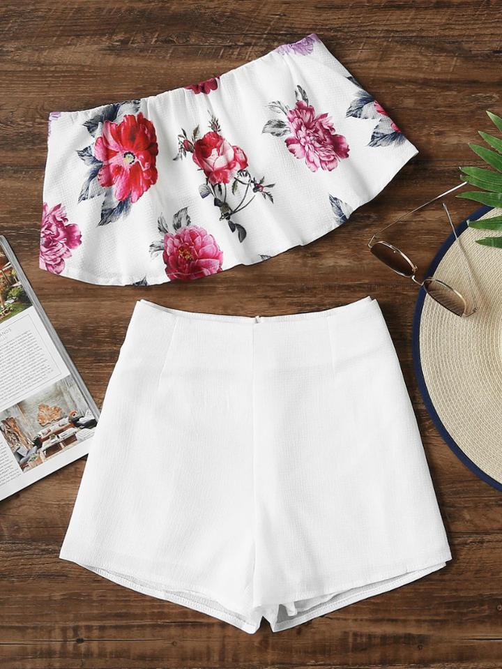 Romwe Floral Print Bandeau Top With Shorts