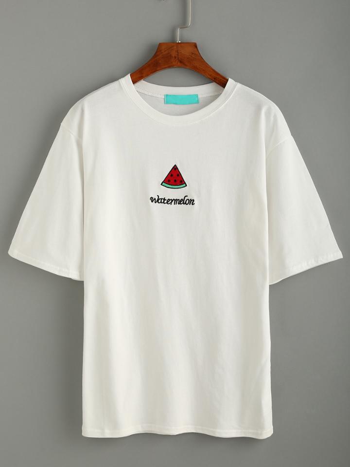 Romwe White Watermelon Embroidered Drop Shoulder T-shirt