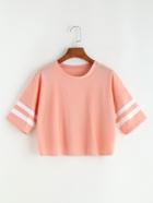 Romwe Pink Varsity Striped Drop Shoulder Crop T-shirt