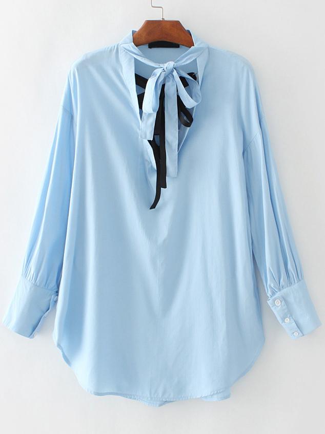 Romwe Blue Tie Neck Curved Hem Blouse