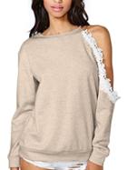 Romwe Contrast Lace Open Shoulder Sweatshirt
