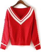Romwe V Neck Varsity Striped Cable Knit Red Sweater