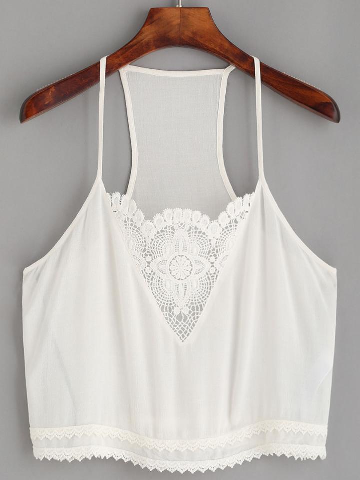 Romwe White Crochet Insert Racerback Cami Top