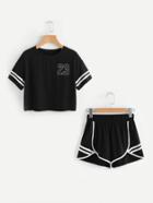 Romwe Crop Varsity T-shirt And Contrast Binding Notch Shorts Set