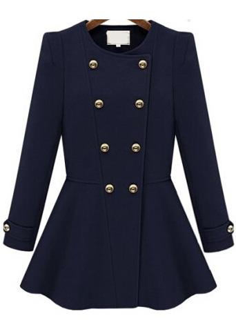 Romwe Double Breasted Flouncing Woolen Navy Coat