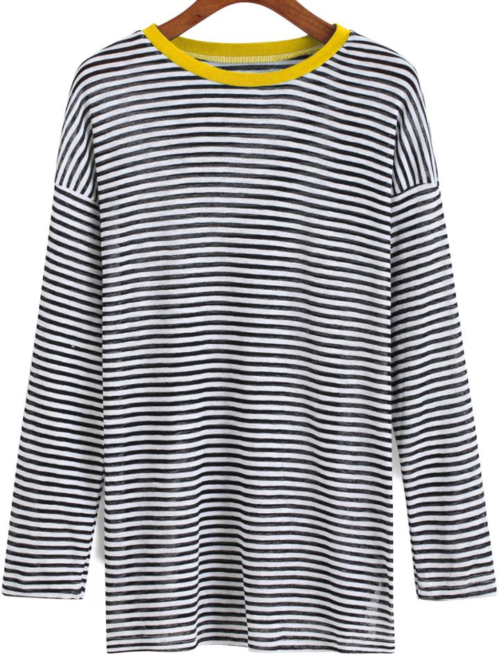 Romwe Black White Contrast Collar Striped T-shirt