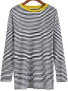 Romwe Black White Contrast Collar Striped T-shirt