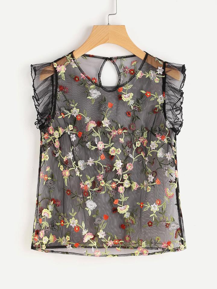 Romwe Embroidery Frill Sleeve Sheer Blouse