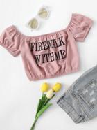 Romwe Letter Embroidery Crop Blouse