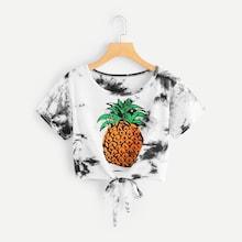 Romwe Tie Dye Pineapple Print Knot Hem Tee