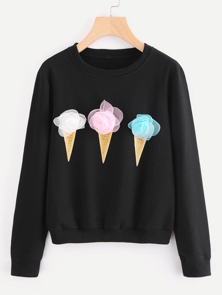 Romwe 3d Flowers Embellished Ice Cream Print Pullover