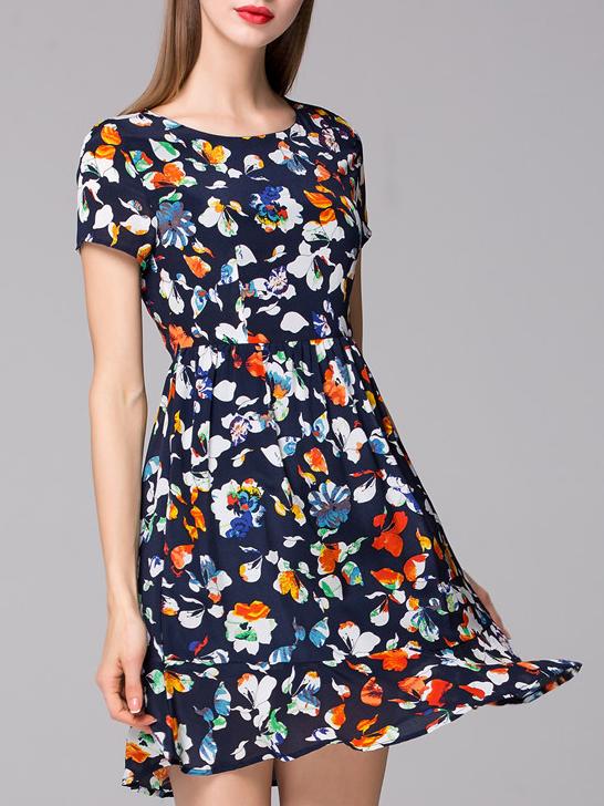 Romwe Navy Round Neck Short Sleeve Print Dress