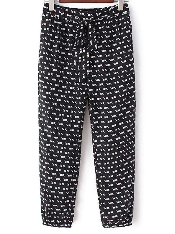 Romwe Black White Pockets Tie-waist Bow Arrow Print Pants