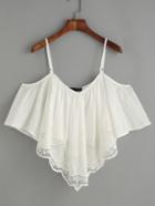 Romwe White Cold Shoulder Crochet Trim Embroidered Top