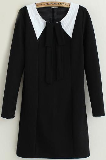 Romwe Black Contrast Collar Bow Slim Dress