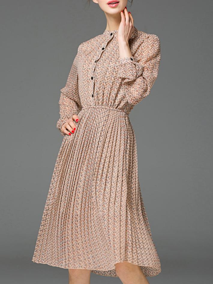 Romwe Apricot Elastic-waist Print A-line Dress