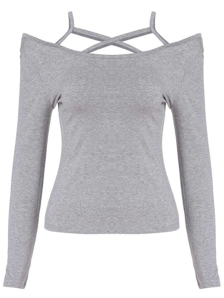 Romwe Cold Shoulder Long Sleeve Slim T-shirt