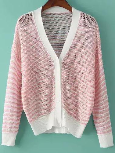 Romwe With Buttons Striped Hollow Knit Cardigan