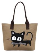 Romwe Lovely Cat Embroidery Patch Canvas Tote Bag