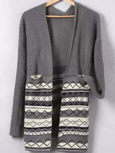 Romwe With Pockets Geometric Print Grey Cardigan