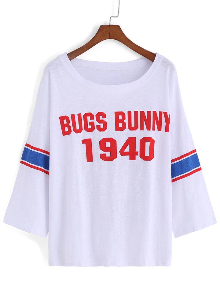 Romwe Rabbit Letter Print Varsity Striped T-shirt