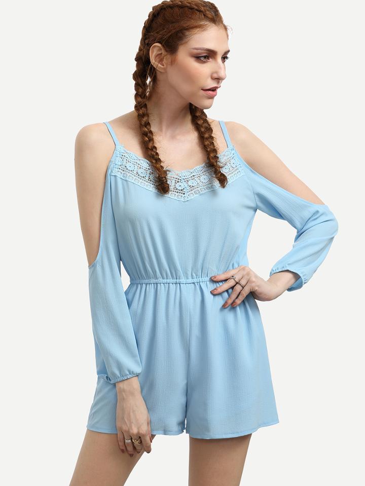 Romwe Crochet Blue Cold Shoulder Elastic Waist Romper