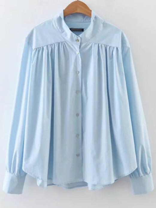 Romwe Blue Button Up Curved Hem Blouse