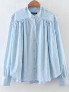 Romwe Blue Button Up Curved Hem Blouse