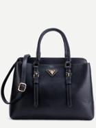 Romwe Black Pebbled Pu Double Buckle Handbag With Strap