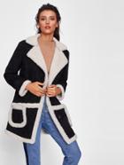 Romwe Pocket Front Two Tone Faux Shearling Coat
