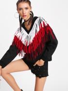 Romwe Layered Chevron Fringe Detail Sweatshirt