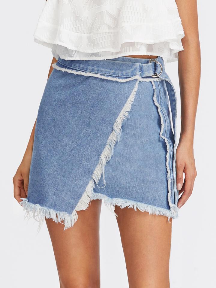 Romwe D-ring Belted Frayed Overlap Denim Skirt