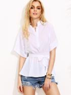 Romwe White Stand Collar Self Tie Blouse