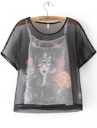 Romwe Rhinestone Beauty Print Organza Top With White Vest