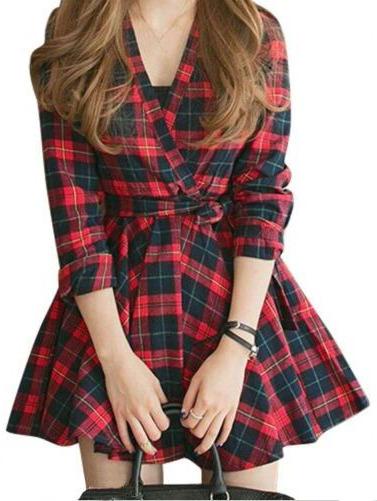 Romwe V Neck Plaid Belt Flare Dress