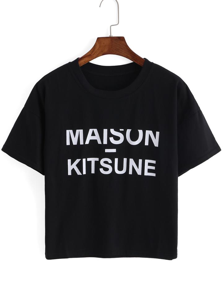 Romwe Crew Neck Letters Print Black T-shirt