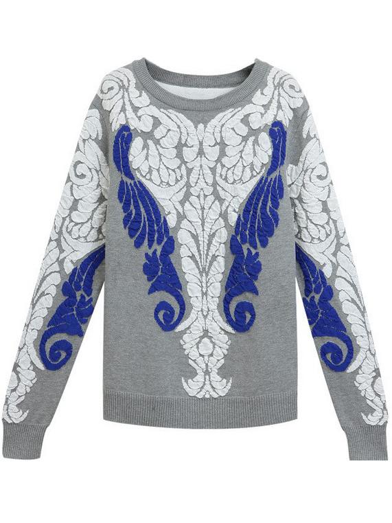 Romwe Round Neck Applique Grey Knitwear