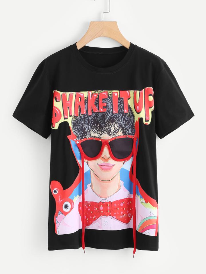 Romwe Figure Print Pearl Embellished Tee