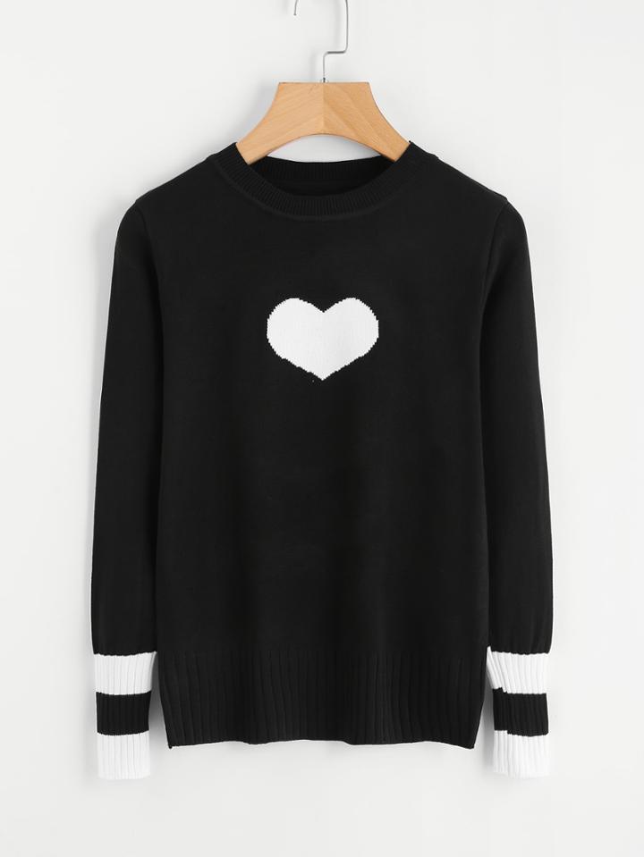 Romwe Varsity Striped Heart Knit Sweater
