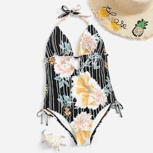 Romwe Random Floral & Striped Backless One Piece Swim