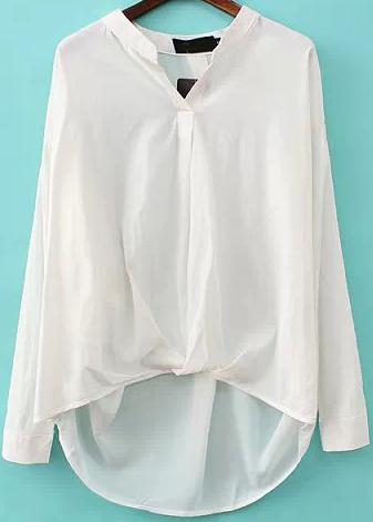 Romwe White V Neck Contrast Chiffon Dipped Hem Blouse