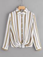 Romwe Striped Pleated Draped Shirt